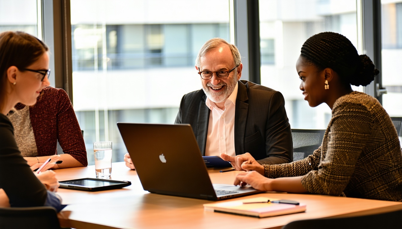 A modern office setting with three professionals engaged in different learning activities one person receiving coaching in a oneonone session another in a mentorship discussion with a senior colleague and a third attending a training session on a lap-1
