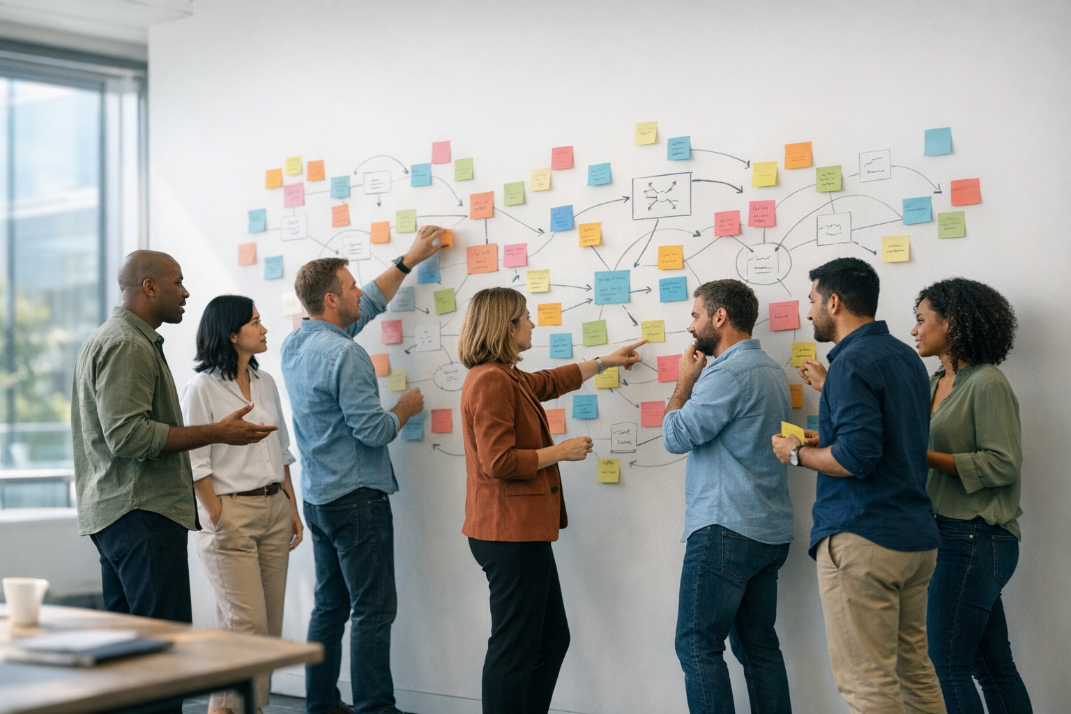 Agile Team Collaborating Around Colorful NoteWall