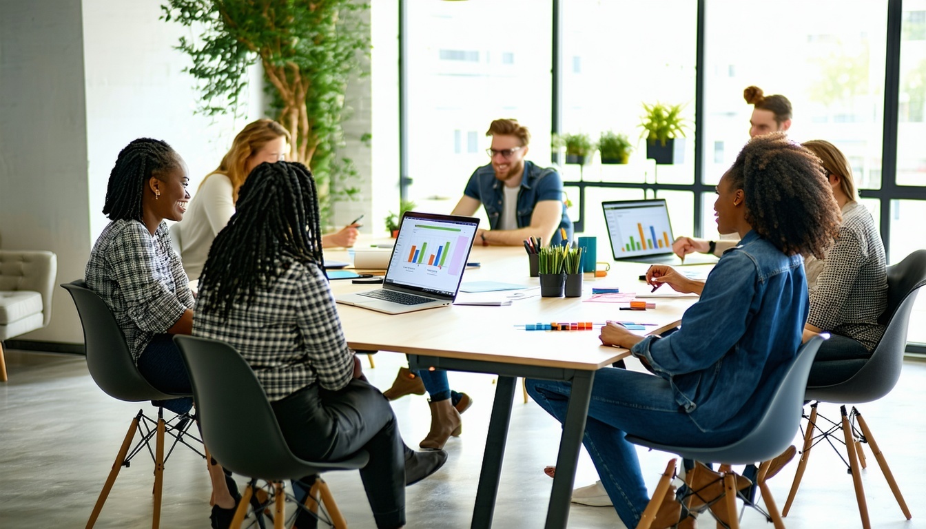Modern office workspace with diverse professionals collaborating around a table Bright clean minimal environment with natural light Positive atmosphere teamwork and a sense of wellbeing and innovation Subtle digital elements suggesting HR tech sustai-1
