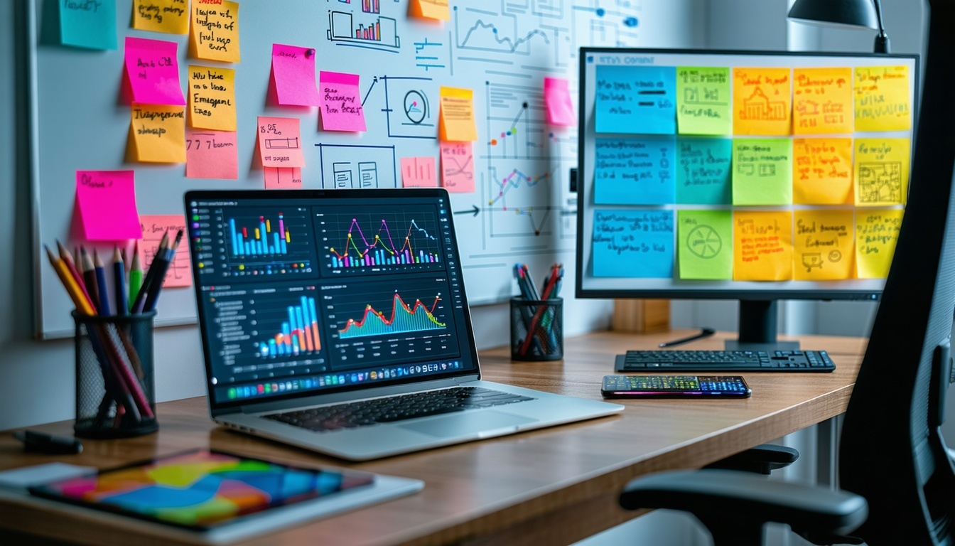 The image depicts a modern digital workspace illuminated by soft ambient lighting In the foreground a sleek laptop displays vibrant graphs and charts on its screen representing customer data and AI analytics Surrounding the laptop are various tech ga