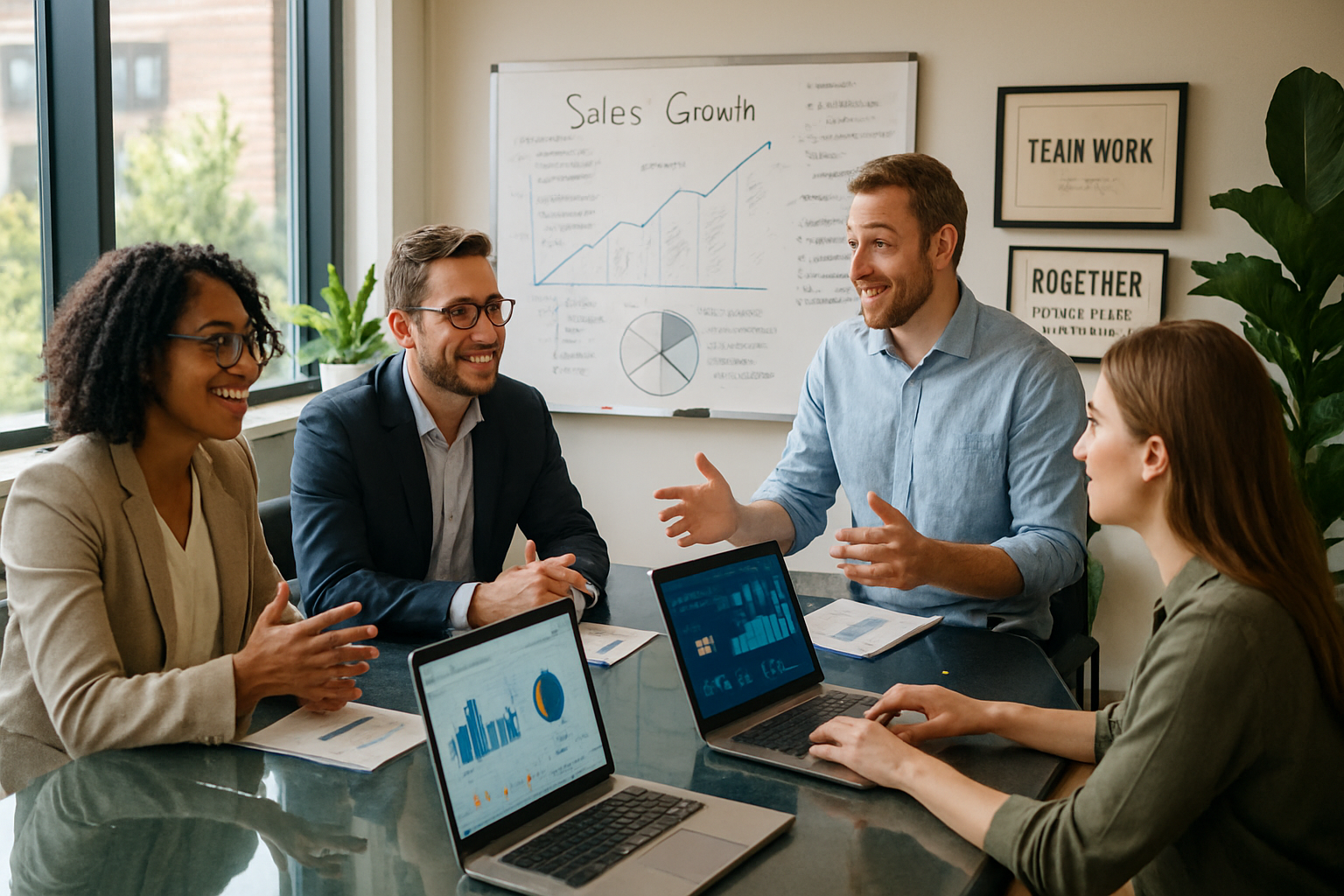 The image depicts a modern office environment bustling with activity In the foreground a group of professionals is gathered around a sleek glass confe-1