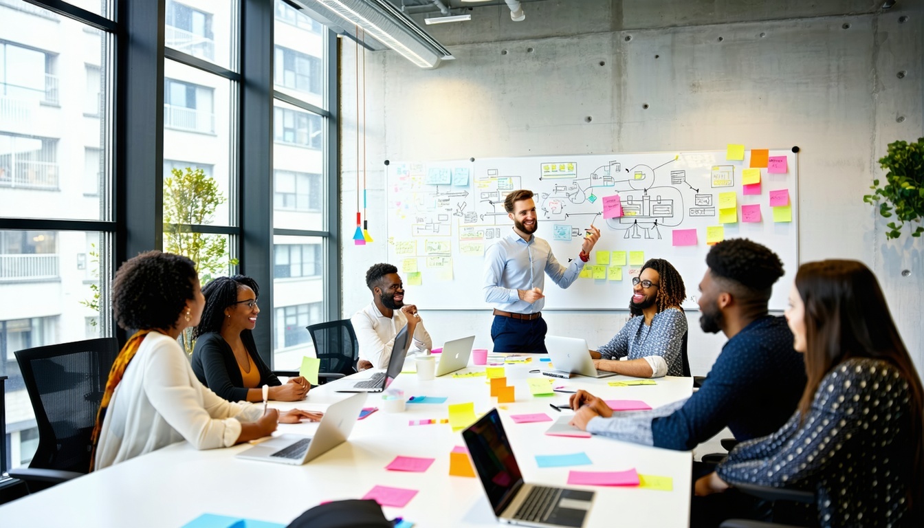 The image depicts a modern office space filled with natural light filtering through large windows In the foreground a diverse group of professionals engaged in a collaborative brainstorming session around a sleek rectangular table cluttered with lapt