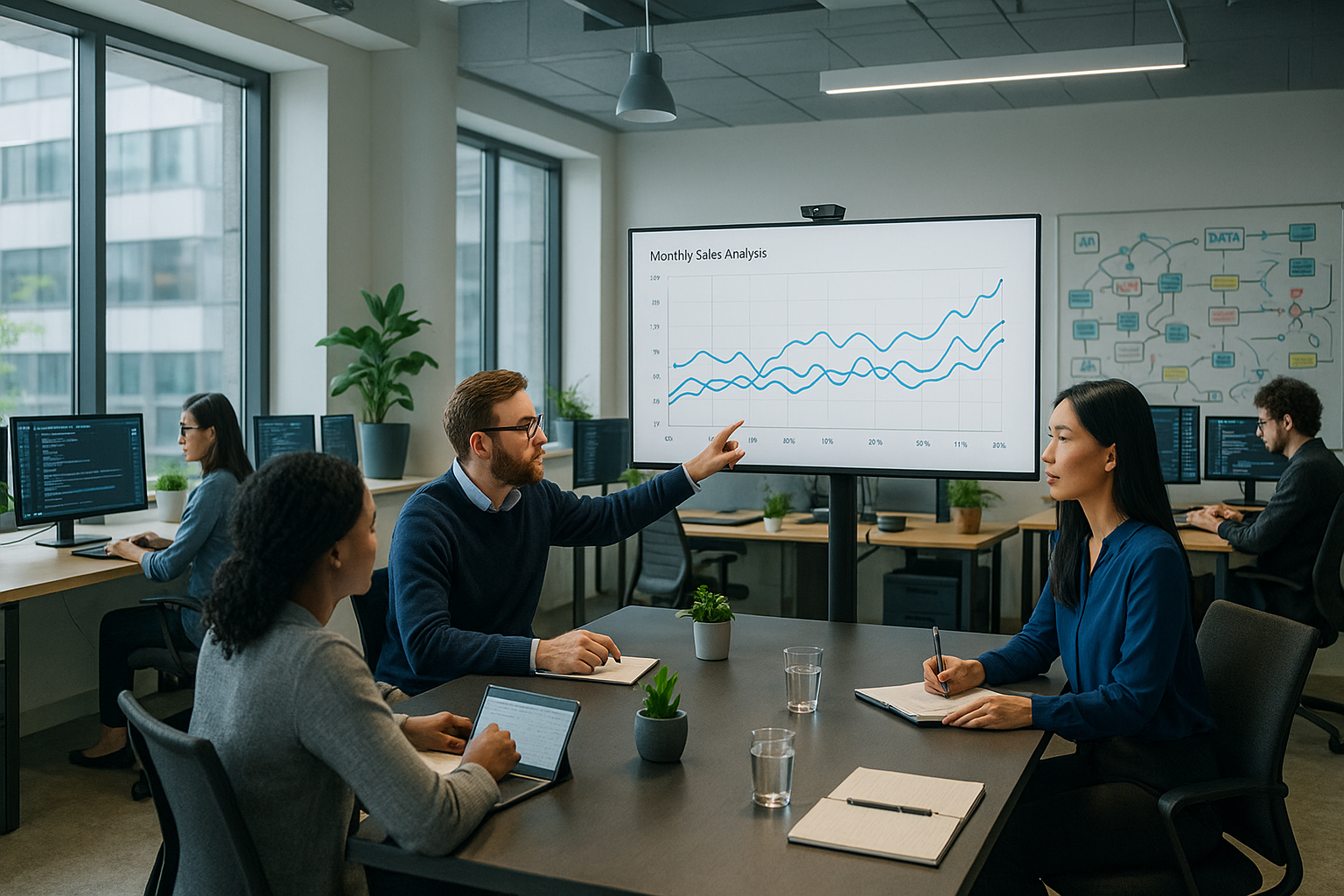 The image depicts a modern welllit office space filled with professionals engaged in various tasks related to data analysis and artificial intelligence In the foreground a diverse group of individuals is gathered around a sleek conference table discu
