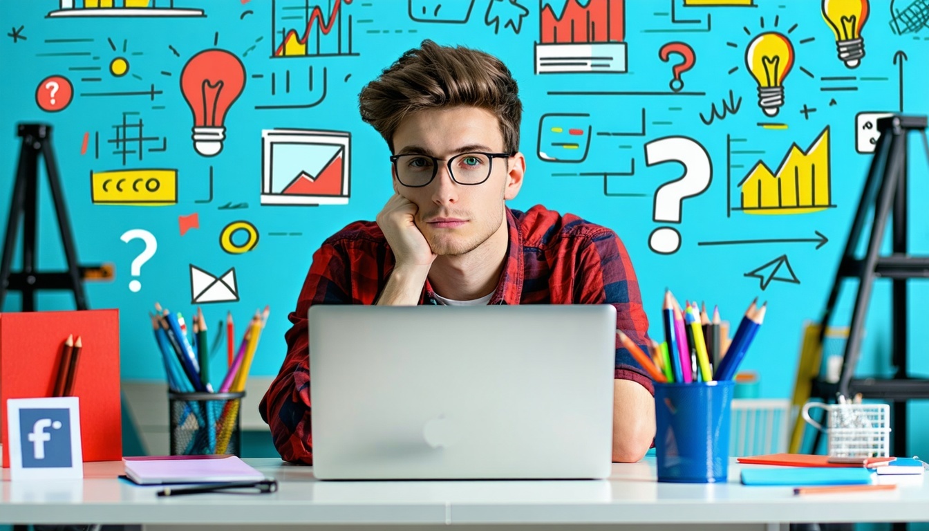 Young adult sitting at a desk with a laptop surrounded by creative elements like charts social media icons lightbulbs and question marks The person looks thoughtful deciding on a career path Bright modern digital marketingthemed background No text