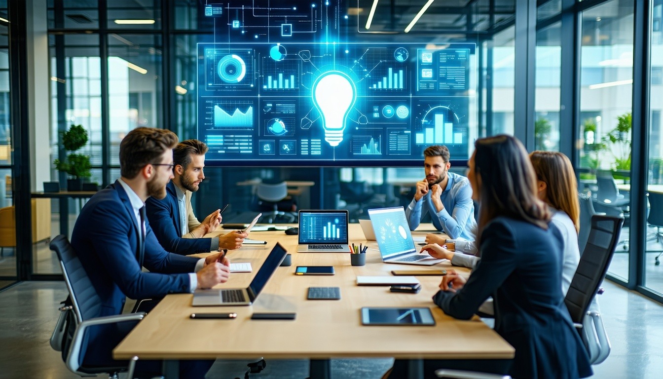 Professionisti seduti attorno al tavolo con di lato dati e visualizzazioni digitali