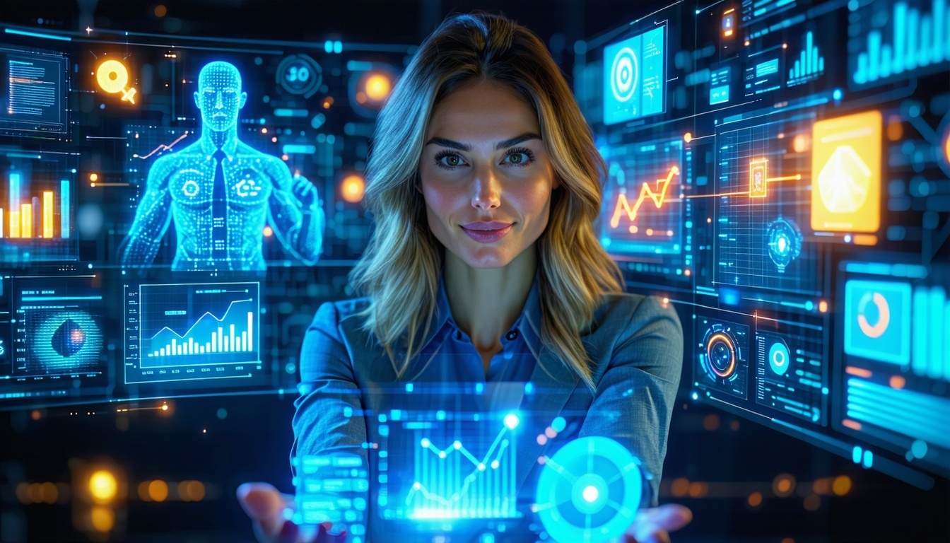 Donna circondata da intferacce digitali 