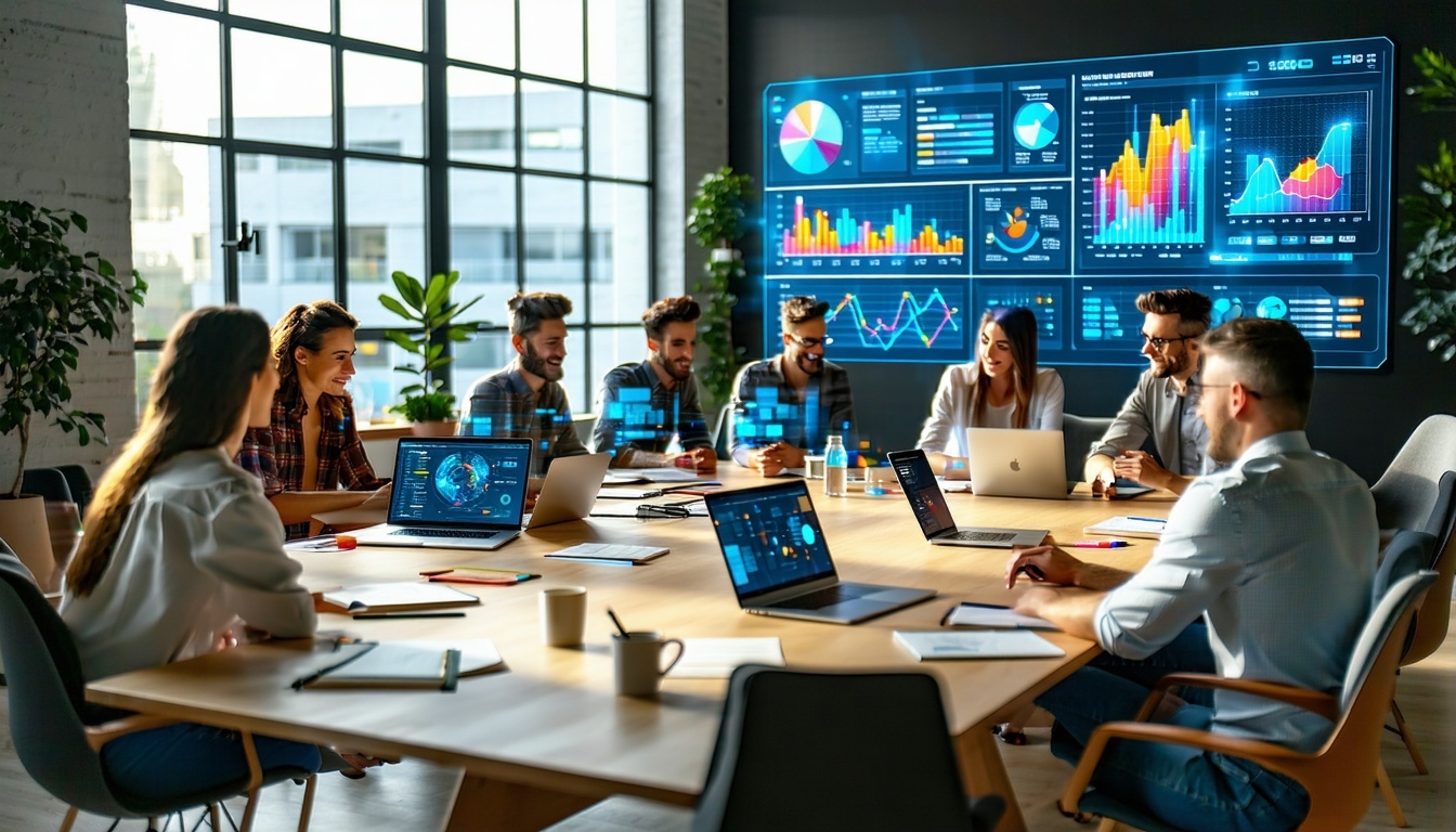 Colleghi fanno riunione in un ambiente moderno e tecnologico
