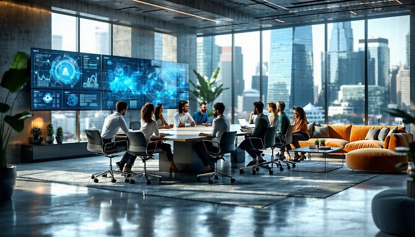 Professionisti seduti attorno a un tavolo discutono di business circondati da una vetrata