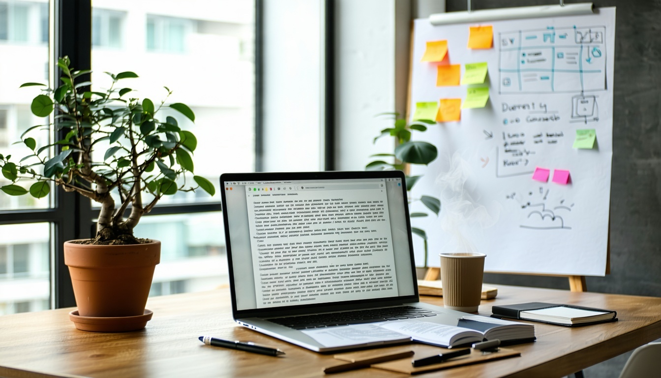 Un portatile con un copy scritto dall'AI in un ufficio illuminato